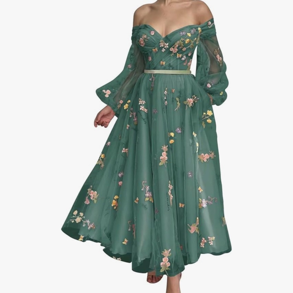 Peacock Green Floral Embroidered Tulle Midi Dress